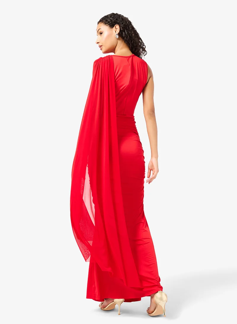 جينجر Draped Bodycon Dress with Mesh Cape
